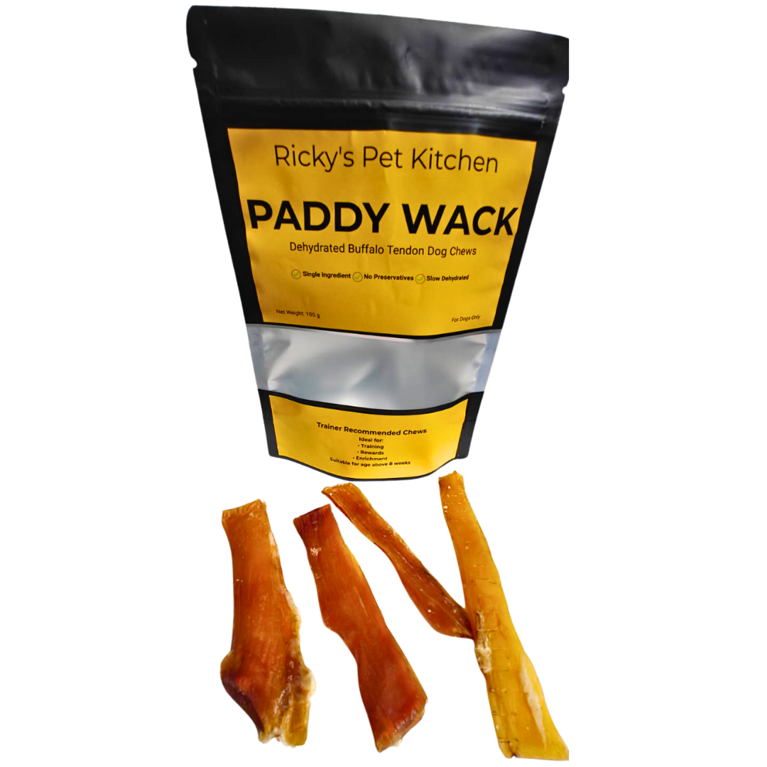 Ricky's Pet Kitchen Paddy Wack Dehydrated Buffalo Tendon Dog Chews, Single Ingredient, No Preservatives, 100g