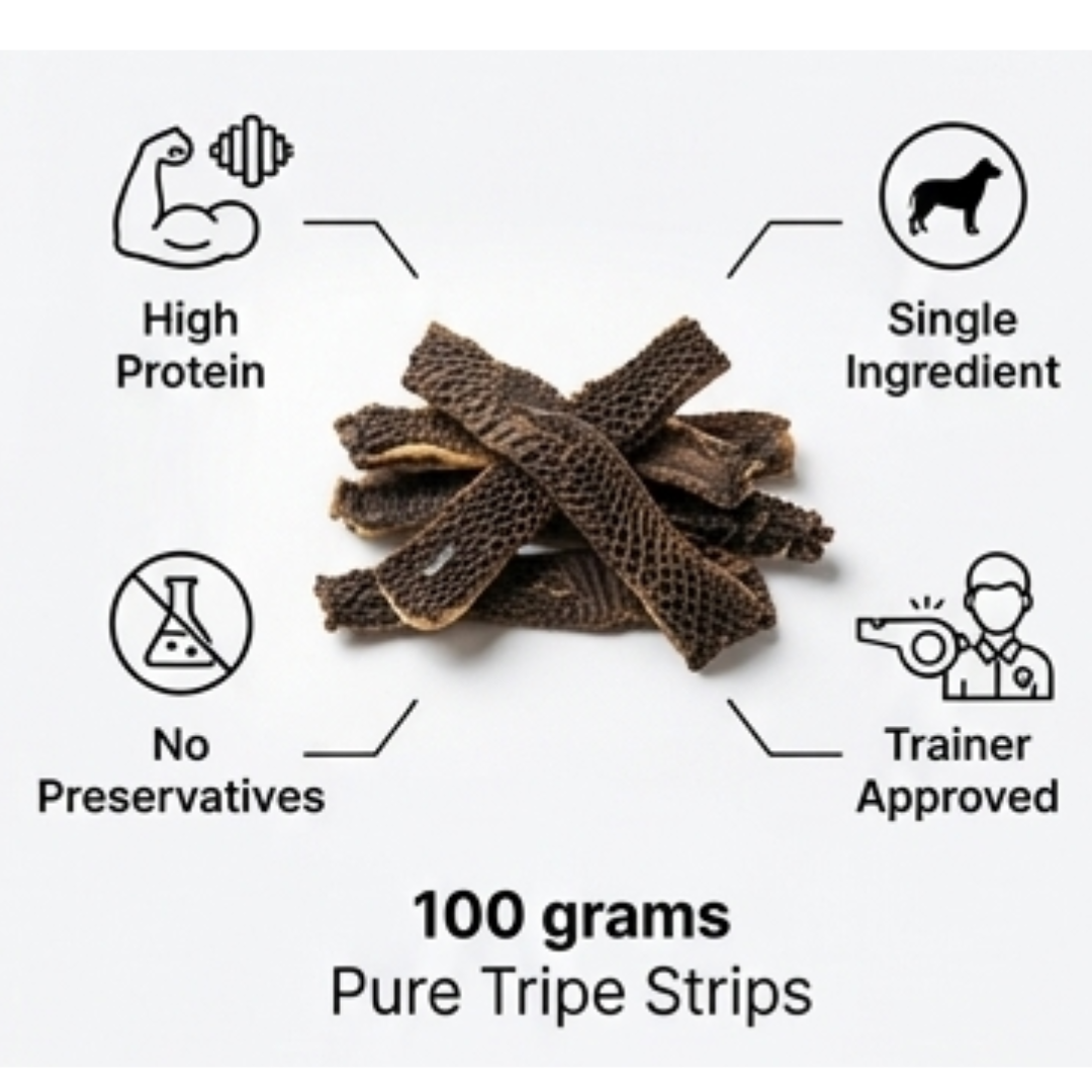 Ricky's Pet Kitchen Tripe Strips Dehydrated Buffalo Tripe Dog Training Chews, Single Ingredient, No Preservatives, 100g